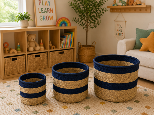 Set of 3 Nest & Neat Storage Basket - Navy Stripes